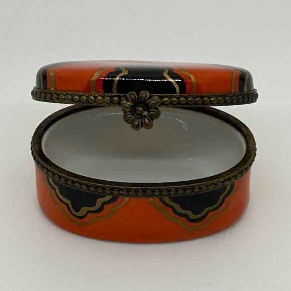 Limoges Oval Trinket Box Handprinted in France Brass Accents Orange-Black Design - Picture 13 of 16